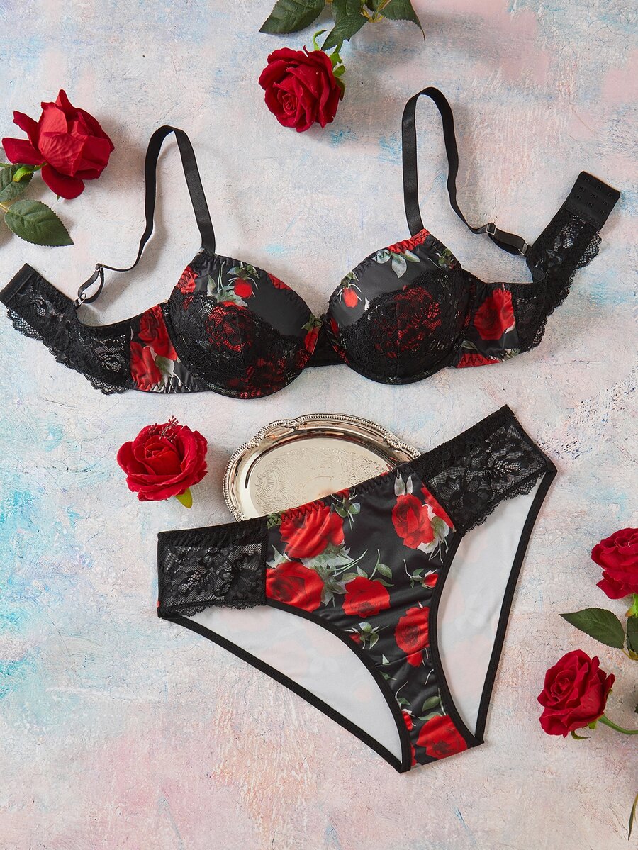 Elorette Plus Size Women's Floral Print Spaghetti Strap Bra And Triangle Panty Lingerie Set - Black - View 1