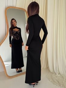 Aloruh Women's Autumn/Winter Bustier Corset Hollow Lace Patchwork Christmas Party Dress - Black - View 3