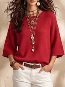 SHEIN 女款休閒寬鬆圓領 3/4 袖針織基本款蝙蝠袖設計卡其色毛衣，秋冬針織上衣 - 紅色 - 查看 5