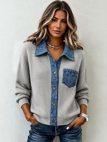 Holdful Holdful 2026 Autumn Winter New Vintage Patchwork Collared Knit Top, Vertical Rib Print Pocket Metal Button Single Breasted Casual Sweater For Daily Commute - Multicolor - View 3