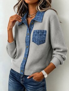 Holdful Holdful 2026 Autumn Winter New Vintage Patchwork Collared Knit Top, Vertical Rib Print Pocket Metal Button Single Breasted Casual Sweater For Daily Commute - Multicolor - View 4