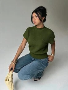Aloruh 女款休閒通勤簡約純色漏斗領蝙蝠袖寬下擺針織上衣 - 綠色 - 查看 4