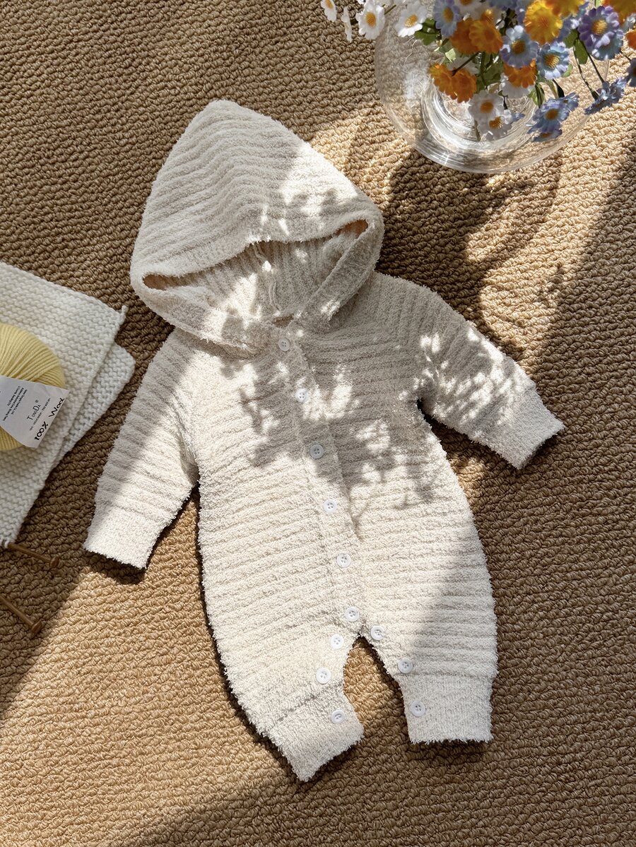 Baby Girl Solid Color Long Sleeve Knitted Hooded Romper, Comfortable For Autumn/Winter, Versatile For Daily Casual Wear - Beige - View 1