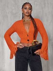 BamGlimmer European Style Deep V-Neck Short Knit Top, Orange Chunky Yarn Tassel Loose Sweater Cardigan - Orange - View 5