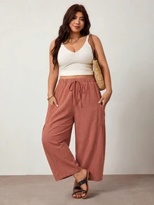 Enliva Celana Pendek Kasual Longgar Ukuran Besar dengan Tali Serut untuk Musim Gugur - Mocha Brown - View 4