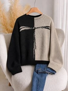 Linhara Plus Size Casual Fashion Versatile Colorblock Long Sleeve Crew Neck Pullover Sweater - Black - View 1