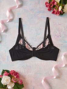 Elorette Plus Size Women's Floral Print Casual Daily Spaghetti Strap Bra - Black - View 2