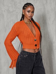 BamGlimmer European Style Deep V-Neck Short Knit Top, Orange Chunky Yarn Tassel Loose Sweater Cardigan - Orange - View 3