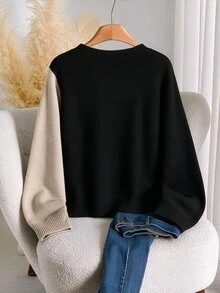 Linhara Plus Size Casual Fashion Versatile Colorblock Long Sleeve Crew Neck Pullover Sweater - Black - View 2