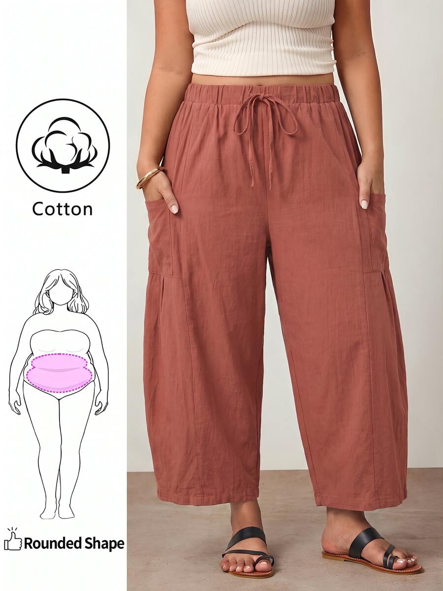 Enliva Celana Pendek Kasual Longgar Ukuran Besar dengan Tali Serut untuk Musim Gugur - Mocha Brown - View 1