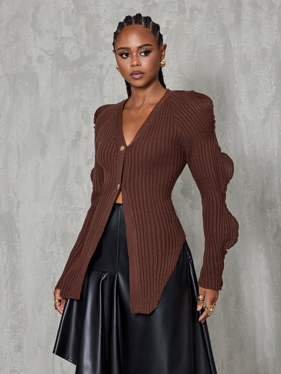 BamGlimmer Deep Brown Vertical Ribbed V-Neck Cardigan, Ruffle Hollow Long Sleeve Asymmetrical Hem Knit Sweater Top - Brown - View 1