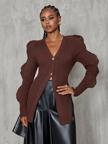 BamGlimmer Deep Brown Vertical Ribbed V-Neck Cardigan, Ruffle Hollow Long Sleeve Asymmetrical Hem Knit Sweater Top - Brown - View 4