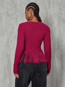 BamGlimmer Women's Autumn/Winter Long Sleeve Knitted Cardigan Sweater With Vertical Ribbed Texture, Buttons And Tassel - Hot Pink - View 2