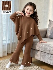 SHEIN Playful Pals 女童春夏秋冬休閒T恤套裝，白色珠飾裝飾，不對稱高領針織羅紋卡其色上衣配喇叭褲，2件套 - 棕色 - 查看 4