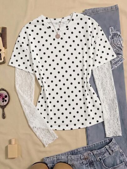 Teen Girls' White And Black Polka Dot Elegant Lace Patchwork Top, Slim-Fit Casual Mesh-Sleeve T-Shirt, Chic Blouse
