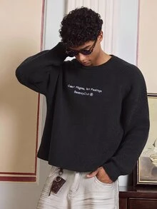 SWAVVY 男士刺繡標語圓領長袖休閒寬鬆毛衣 - 黑色 - 查看 3