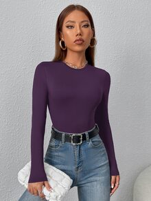 SHEIN PETITE 純色修身春季女款T恤式連身衣，適合嬌小女性 - 紫色 - 查看 4
