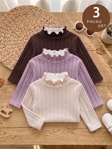 SHEIN 女童簡約荷葉邊飾長袖冬季T恤3件套 - 彩色 - 查看 4