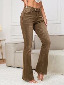 SHEIN Tall 女款簡約前扣口袋牛仔褲，休閒日常穿著，適合高個女性 - 棕色 - 查看 3