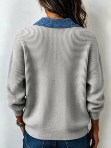 Holdful Holdful 2026 Autumn Winter New Vintage Patchwork Collared Knit Top, Vertical Rib Print Pocket Metal Button Single Breasted Casual Sweater For Daily Commute - Multicolor - View 2