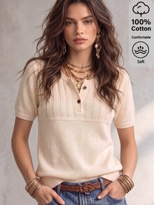 SHEIN Casual Loose Round Neck Short Sleeve Knit Half-Placket Button Design Apricot Women's Spring Autumn Knit Top,Social Clothing,Night Out Outfit - Apricot - View 6