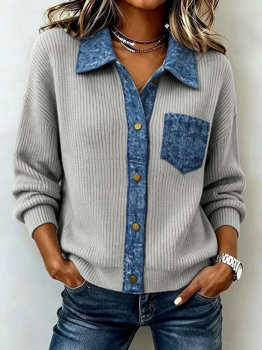 Holdful Holdful 2026 Autumn Winter New Vintage Patchwork Collared Knit Top, Vertical Rib Print Pocket Metal Button Single Breasted Casual Sweater For Daily Commute - Multicolor - View 1