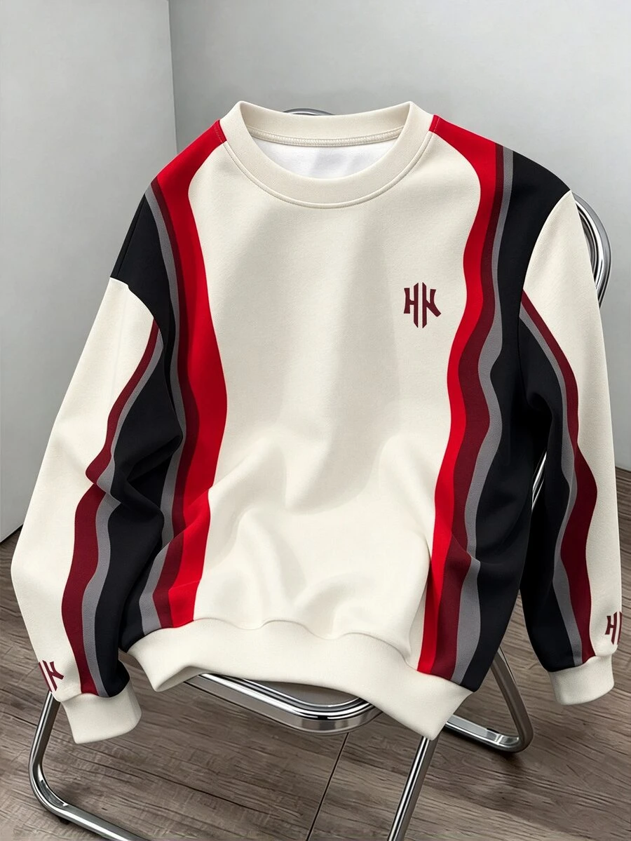 Daypath Unisex Striped Color-Block Loose-Fit Polyester Crewneck Sweatshirt In Beige, Red And Black For Fall/Winter Streetwear - Multicolor - View 1