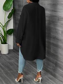 SHEIN CURVE+ 大尺碼白色長袖燈籠袖襯衫，春秋款 - 黑色 - 查看 2