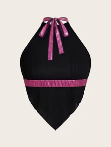 SHEIN ICON 演唱會穿搭 金屬色方巾下擺掛脖上衣 - 紫紅色 - 查看 2