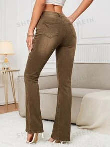 SHEIN Tall 女款簡約前扣口袋牛仔褲，休閒日常穿著，適合高個女性 - 棕色 - 查看 2