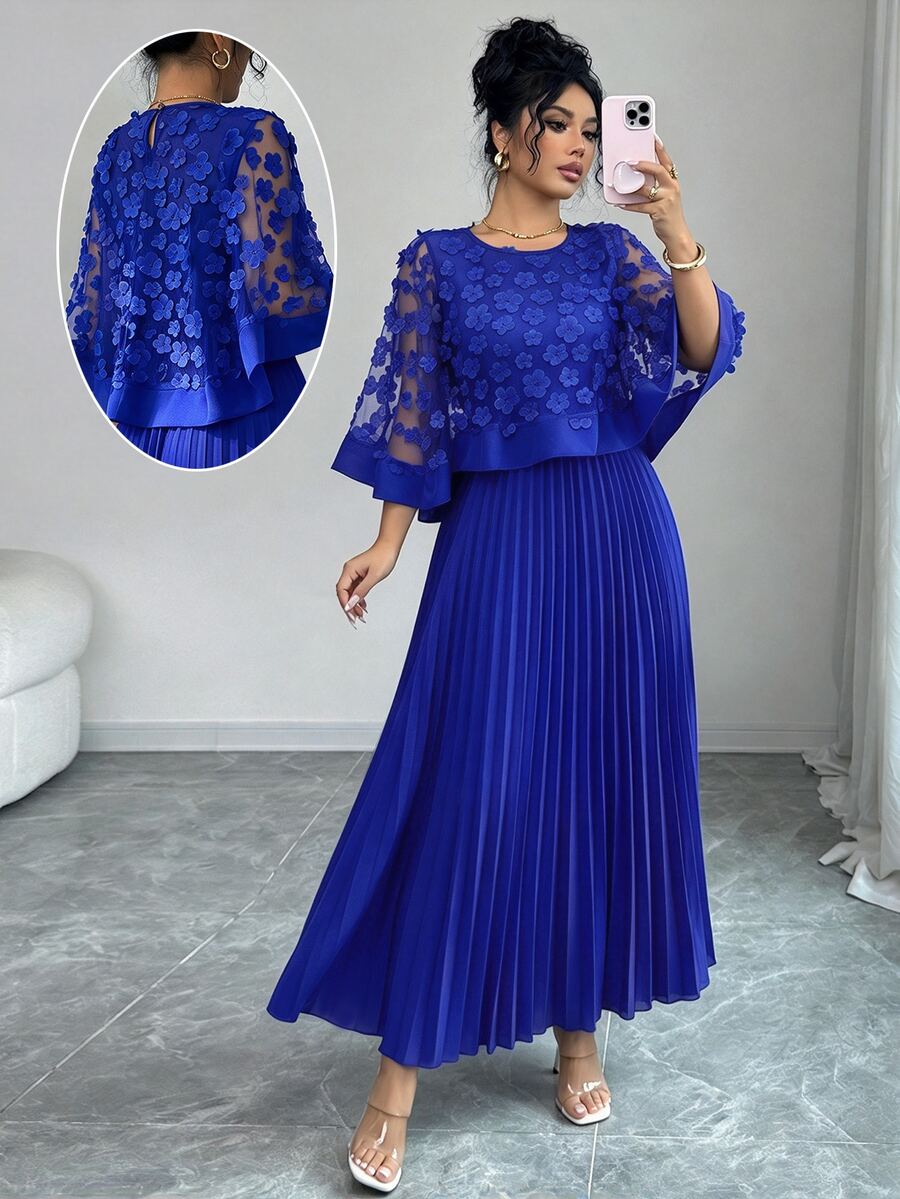 Elenzga Women's Elegant Floral Decor Pleated Dress, Suitable For Weddings, Birthday Parties And Other Occasions, Autumn Two Pieces Set, St. Patrick's Day - Royal Blue - View 1