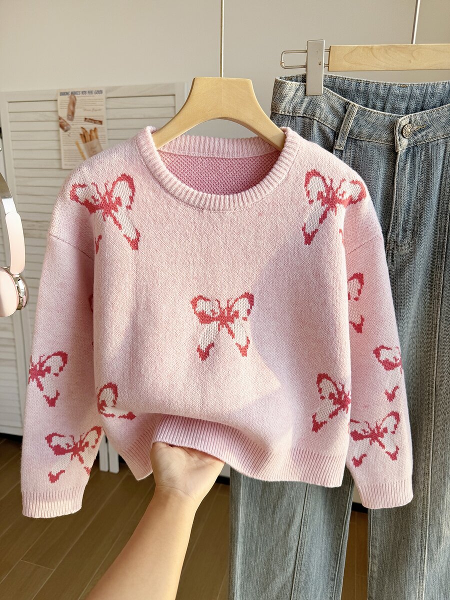 1pc Big Girls Kids Teen Casual Pink Bow Graphic Knit Round Neck Long Sleeve Soft Thick Sweater Jumper Pull Top Christmas Party Evening Hiver Winter - White - View 1