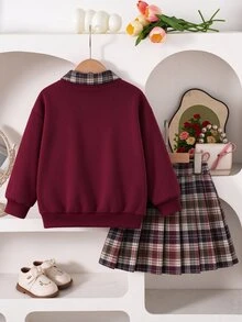 SHEIN 2件組 春/秋返校季 米色棕色格紋大學休閒風 中厚款運動衫布料熊貼布繡運動衫/格紋百褶裙，適合學校、出遊、拍照、購物、休閒穿著、日常外出，女童可拆卸百搭少女服裝套裝 - 酒紅色 - 查看 3