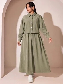 Veilorie Plus Size Women Solid Color Long Sleeve Top And Skirt Casual Daily 2 Pieces Set - Green - View 4