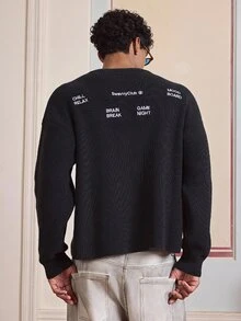 SWAVVY 男士刺繡標語圓領長袖休閒寬鬆毛衣 - 黑色 - 查看 4