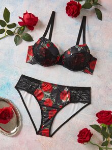 Elorette Plus Size Women's Floral Print Spaghetti Strap Bra And Triangle Panty Lingerie Set - Black - View 6