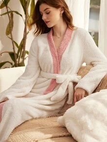 Moireta Women's Colorblock Waist Tie Casual Daily Home Sleepwear Robe - Multicolor - View 4
