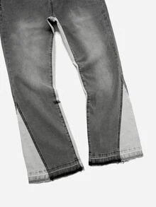 RivetRise Men's Fashion Streetwear Colorblock Patchwork Grey & White Washed Denim Flared Horseshoe Pants - Grey - View 4