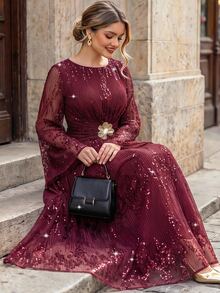 Velvienne Plus Size Burgundy Sequin Mesh Long Sleeve Gold Embellished Waist Formal Evening Gown - Burgundy - View 5
