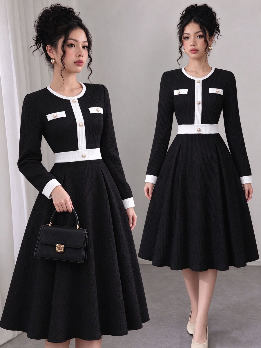 SHEIN 青少年女孩優雅時尚彈性紋理布料長袖洋裝,經典黑白配色拼接,寬鬆舒適,適合春秋日常通勤、婚禮派對與攝影 - 黑色 - 查看 1