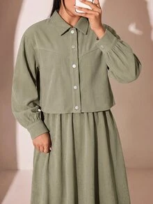 Veilorie Plus Size Women Solid Color Long Sleeve Top And Skirt Casual Daily 2 Pieces Set - Green - View 5
