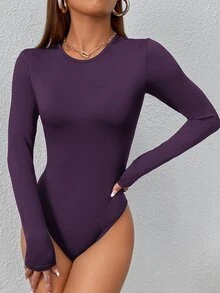 SHEIN PETITE 純色修身春季女款T恤式連身衣，適合嬌小女性 - 紫色 - 查看 1