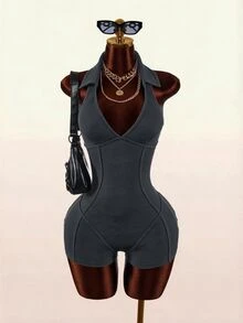 Amplova Women's Low Cut Backless Halter Neck Fitted Romper - Grey - View 1
