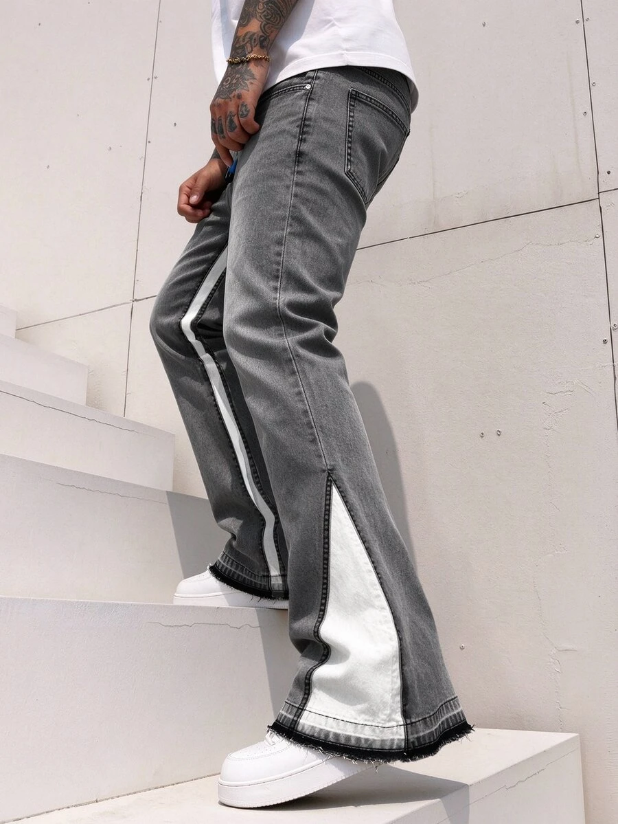RivetRise Men's Fashion Streetwear Colorblock Patchwork Grey & White Washed Denim Flared Horseshoe Pants - Grey - View 1
