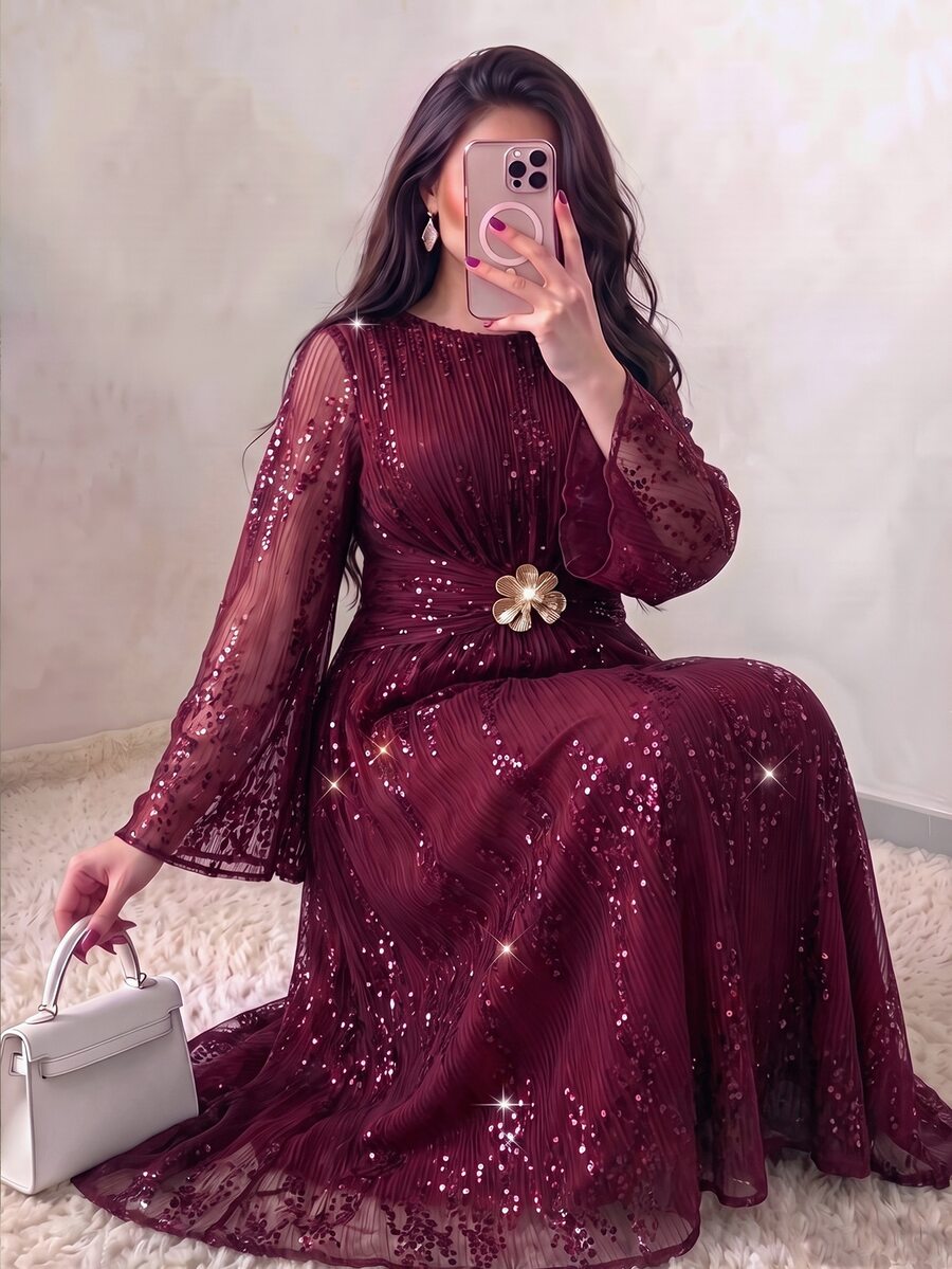 Velvienne Plus Size Burgundy Sequin Mesh Long Sleeve Gold Embellished Waist Formal Evening Gown - Burgundy - View 1