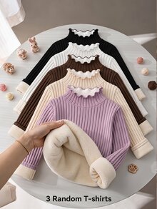 SHEIN 女童簡約荷葉邊飾長袖冬季T恤3件套 - 彩色 - 查看 3