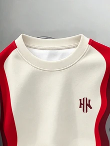 Daypath Unisex Striped Color-Block Loose-Fit Polyester Crewneck Sweatshirt In Beige, Red And Black For Fall/Winter Streetwear - Multicolor - View 3
