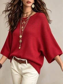 SHEIN 女款休閒寬鬆圓領 3/4 袖針織基本款蝙蝠袖設計卡其色毛衣，秋冬針織上衣 - 紅色 - 查看 4