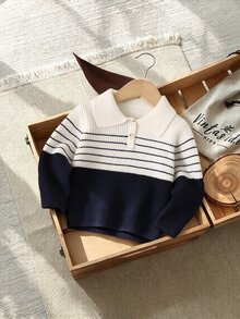 Baby Boy Striped Button Half-Placket Long Sleeve Sweater - Multicolor - View 1