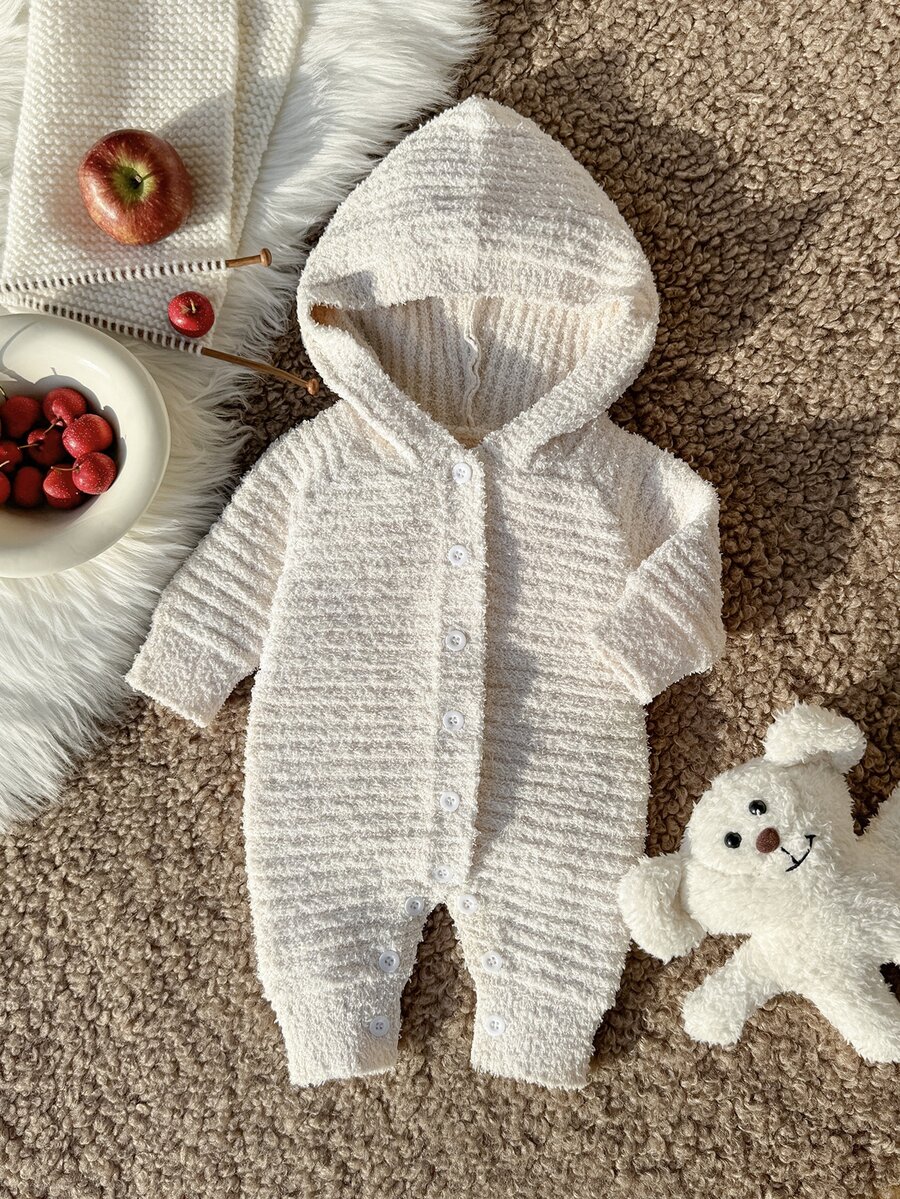 Baby Girl Solid Color Long Sleeve Knitted Hooded Romper, Comfortable For Autumn/Winter, Versatile For Daily Casual Wear - Beige - View 1